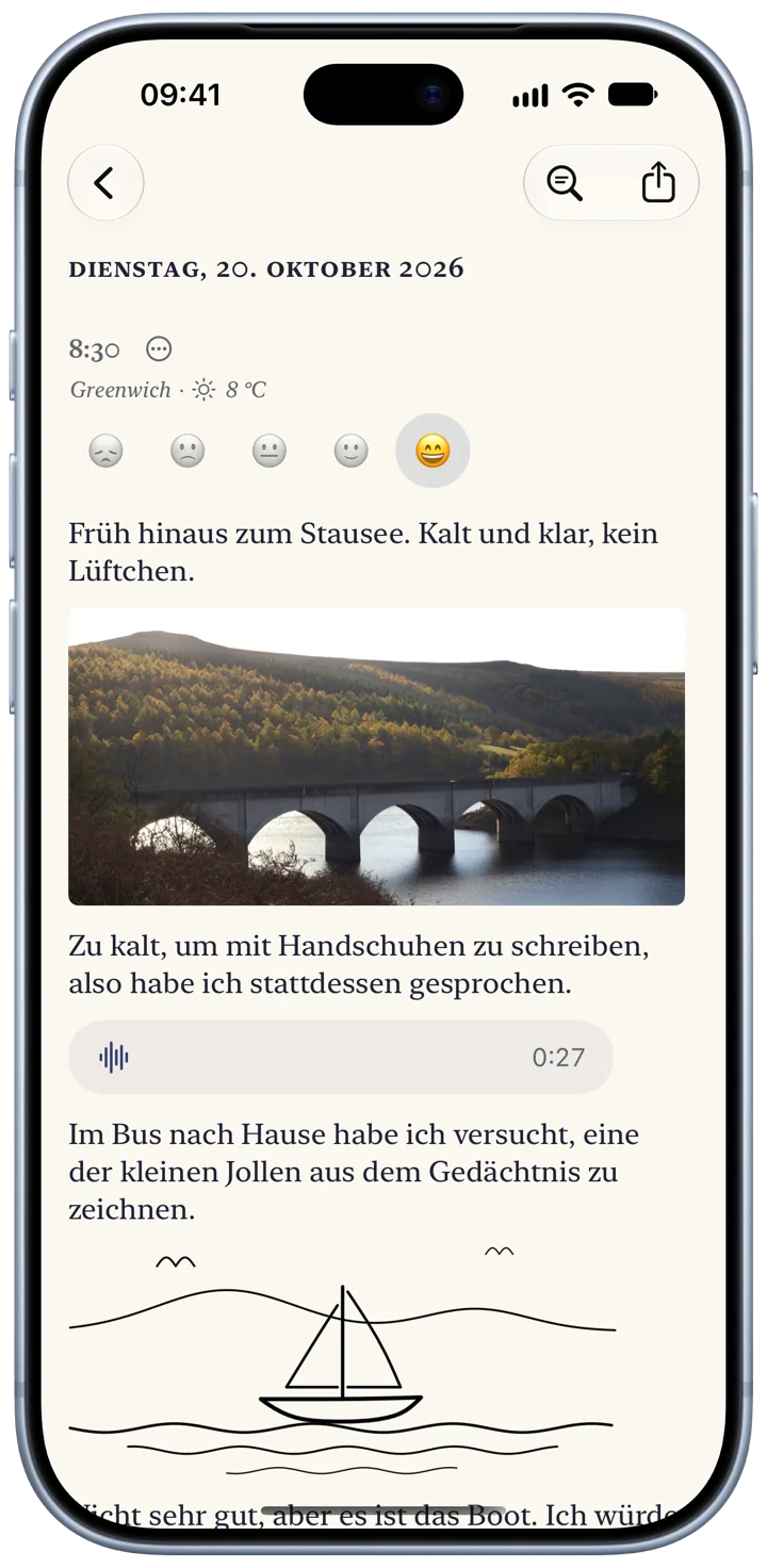 Ein Bifolio-Eintrag vom Dienstag, 20. Oktober, auf einem iPhone: ein paar Zeilen über den Stausee, das Foto eines steinernen Viadukts, eine 27 Sekunden lange Sprachaufnahme und die Zeichnung einer Segeljolle.