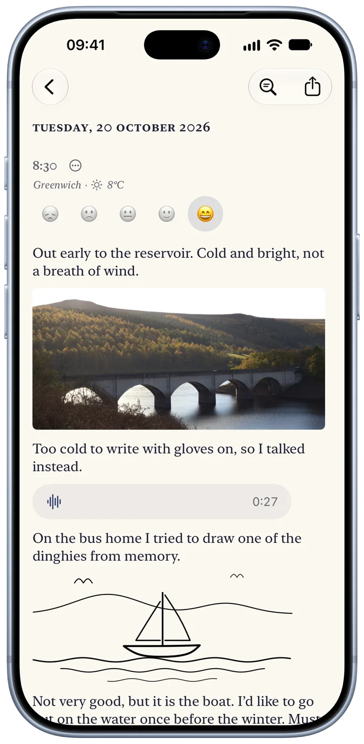 A Bifolio entry on an iPhone for Tuesday 20 October: a few lines about the reservoir, a photograph of a stone viaduct, a 27-second voice recording, and a drawing of a sailing dinghy.