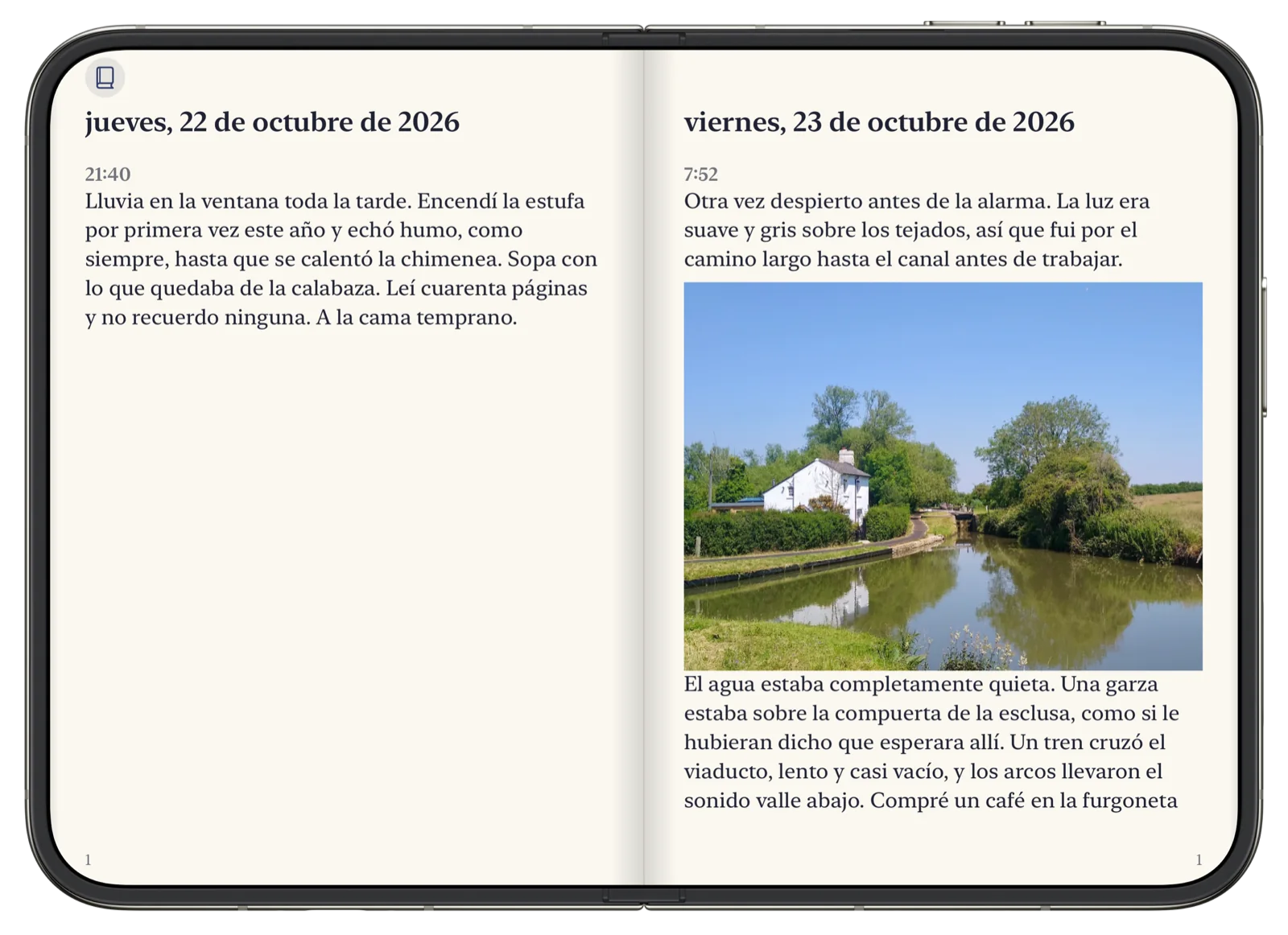 Bifolio abierto como un libro en un iPhone Duo: el jueves 22 de octubre en la página izquierda y el viernes 23 de octubre, con su fotografía del canal, en la derecha.