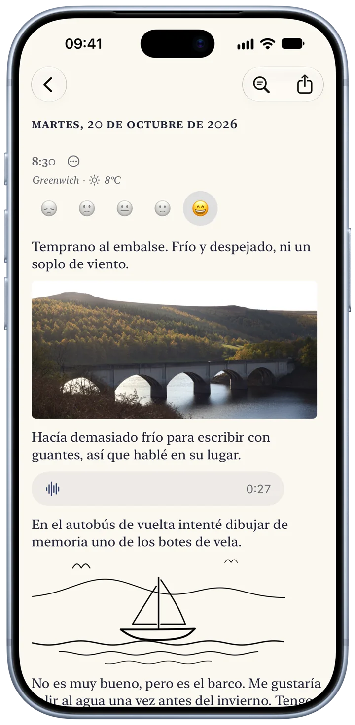 Una entrada de Bifolio en un iPhone, del martes 20 de octubre: unas líneas sobre el embalse, una fotografía de un viaducto de piedra, una grabación de voz de 27 segundos y el dibujo de una pequeña barca de vela.