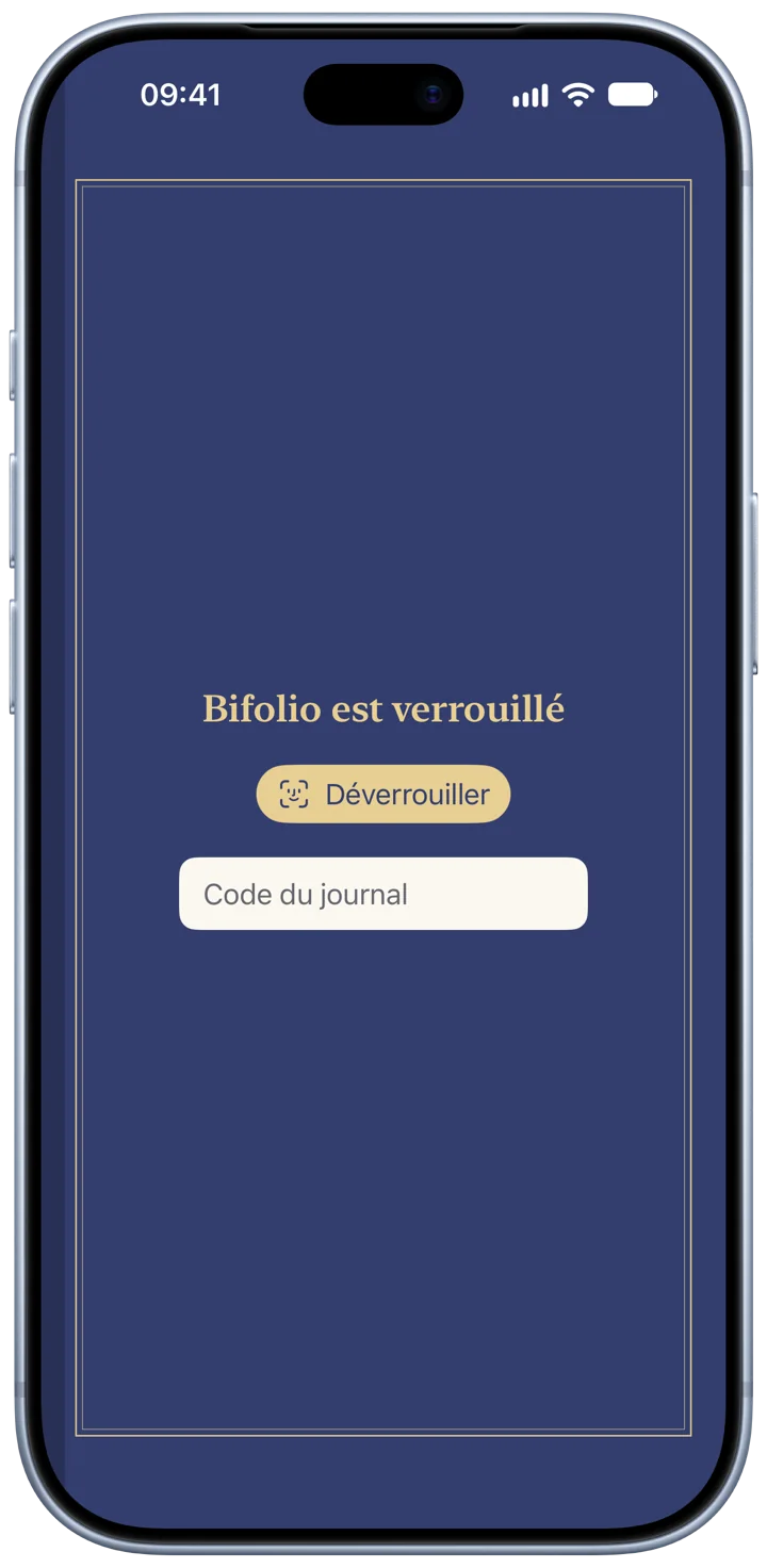Bifolio verrouillé sur un iPhone : le journal présenté comme un livre fermé couleur indigo, avec un bouton Déverrouiller et un champ pour le code du journal.