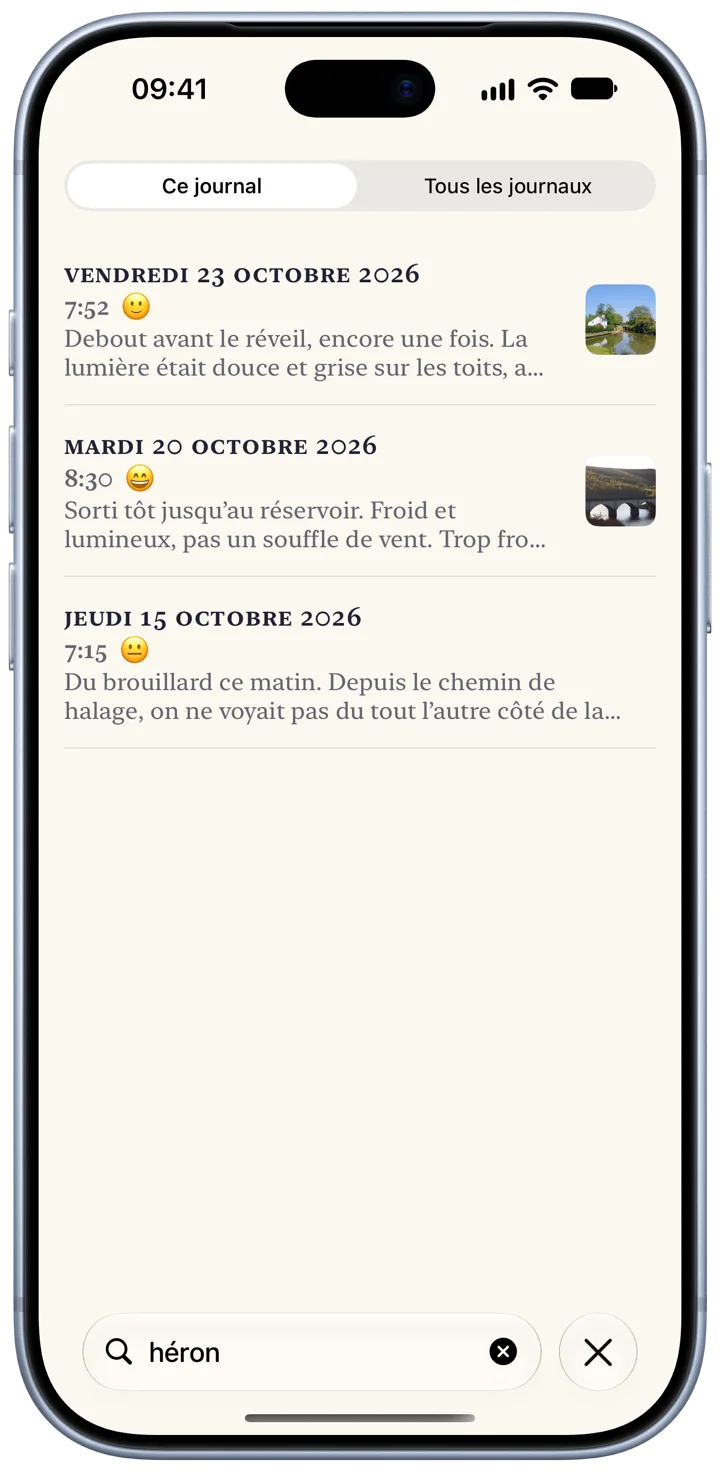 La recherche de Bifolio sur un iPhone : un mot saisi dans le champ de recherche, et trois jours d’entrées listés en dessous.