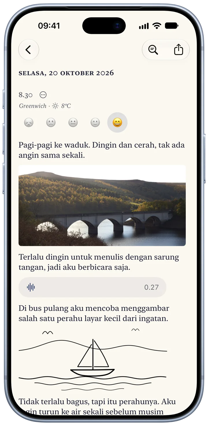 Entri Bifolio di iPhone untuk Selasa, 20 Oktober: beberapa baris tentang waduk, foto viaduk batu, rekaman suara 27 detik, dan gambar perahu layar kecil.