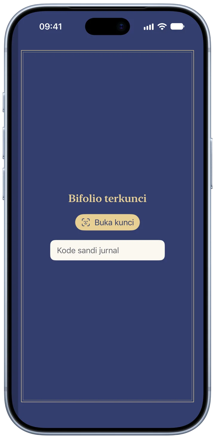 Bifolio terkunci di iPhone: jurnal ditampilkan sebagai buku nila yang tertutup, dengan tombol Buka kunci dan kolom kode sandi jurnal.