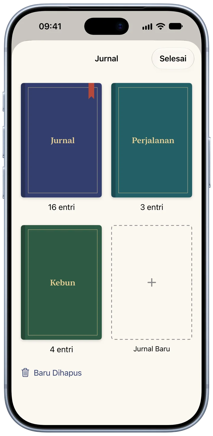 Rak jurnal Bifolio di iPhone: tiga jurnal bersampul kain nila, hijau kebiruan, dan hijau, masing-masing dengan jumlah entrinya, serta tempat untuk jurnal baru.