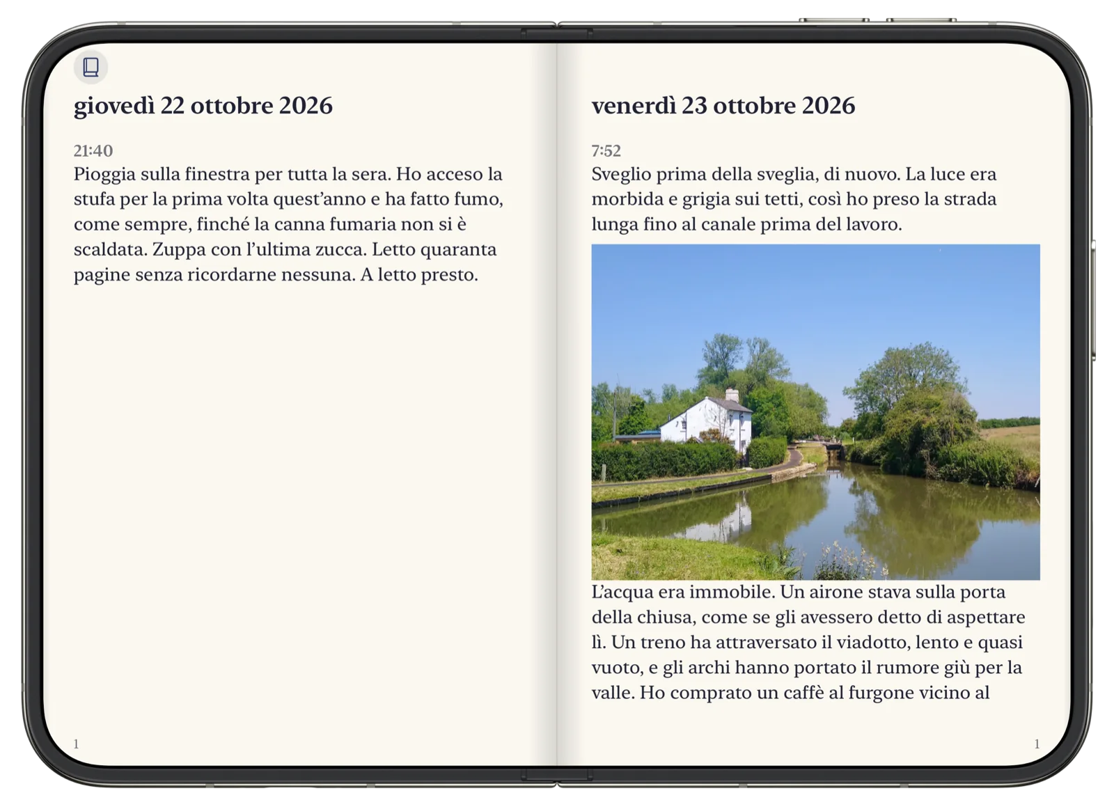Bifolio aperto come un libro su un iPhone Duo: giovedì 22 ottobre sulla pagina sinistra e venerdì 23 ottobre, con la sua fotografia del canale, su quella destra.