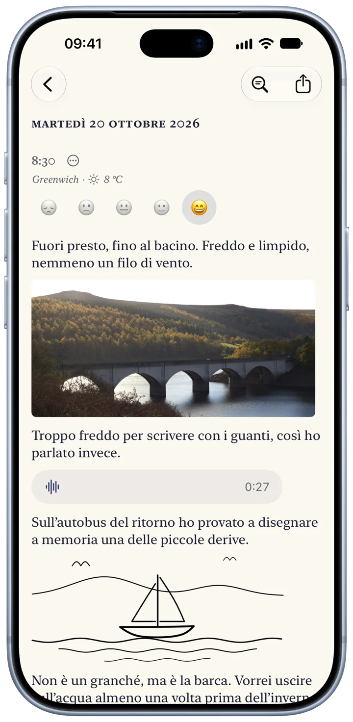 Una voce di Bifolio su un iPhone, per martedì 20 ottobre: qualche riga sul bacino artificiale, una fotografia di un viadotto in pietra, una registrazione vocale di 27 secondi e il disegno di una piccola barca a vela.