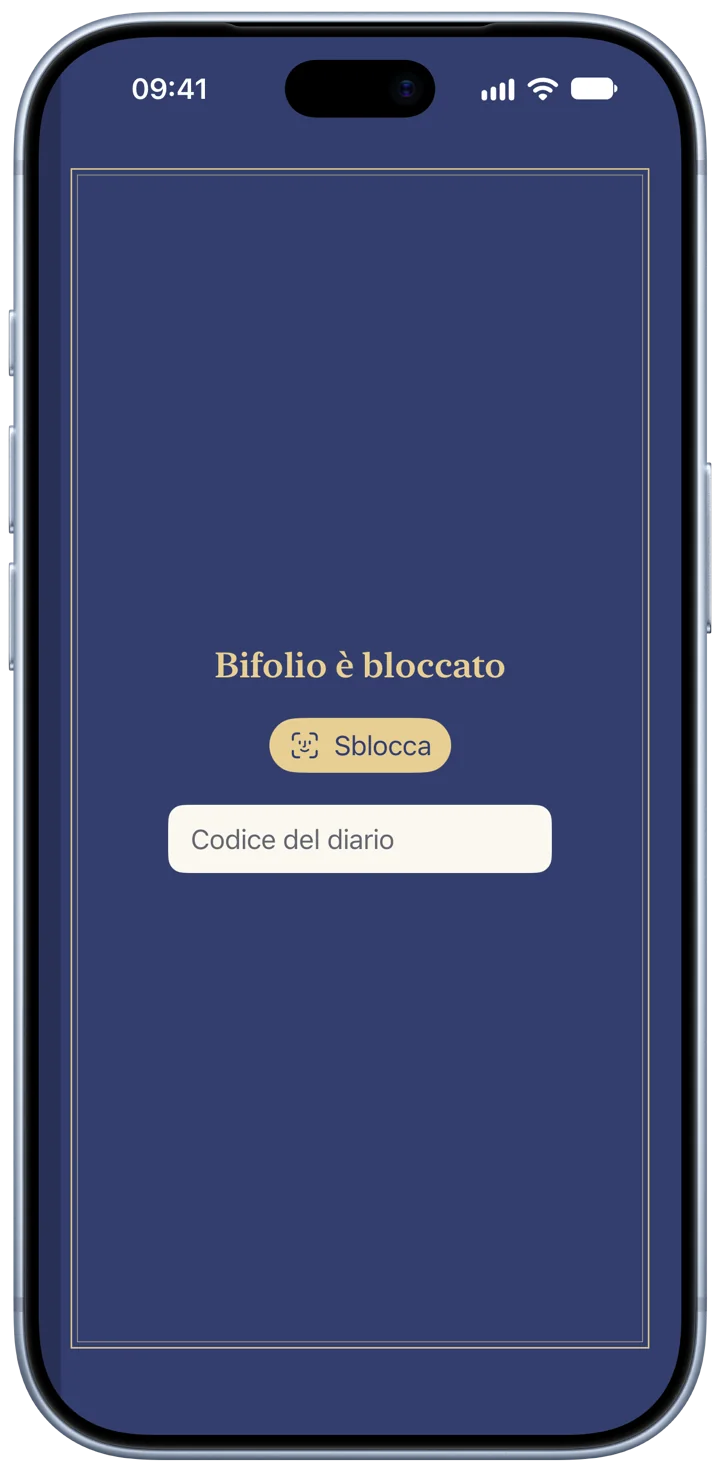 Bifolio bloccato su un iPhone: il diario mostrato come un libro chiuso color indaco, con un pulsante Sblocca e un campo per il codice del diario.