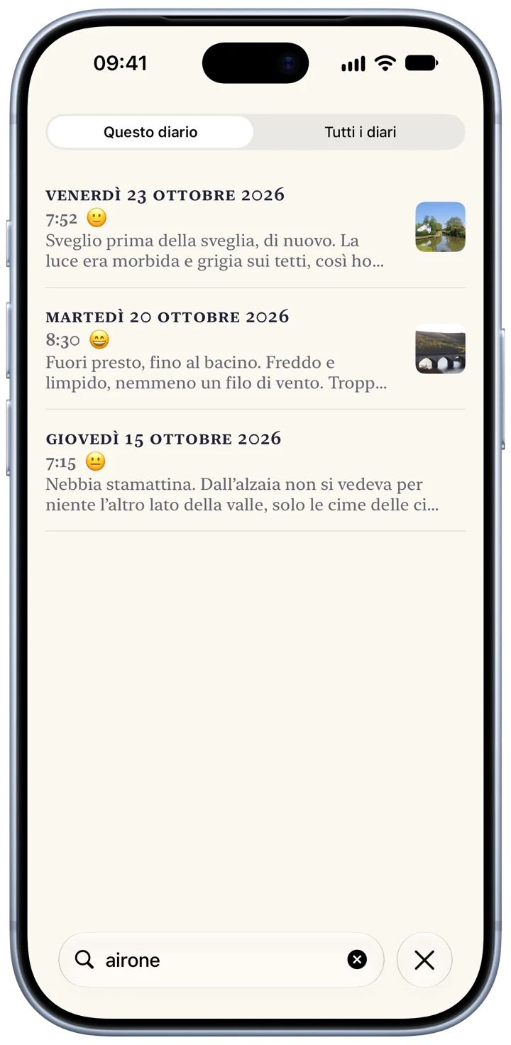 La ricerca di Bifolio su un iPhone: una parola digitata nel campo di ricerca e, sotto, le voci di tre giorni.