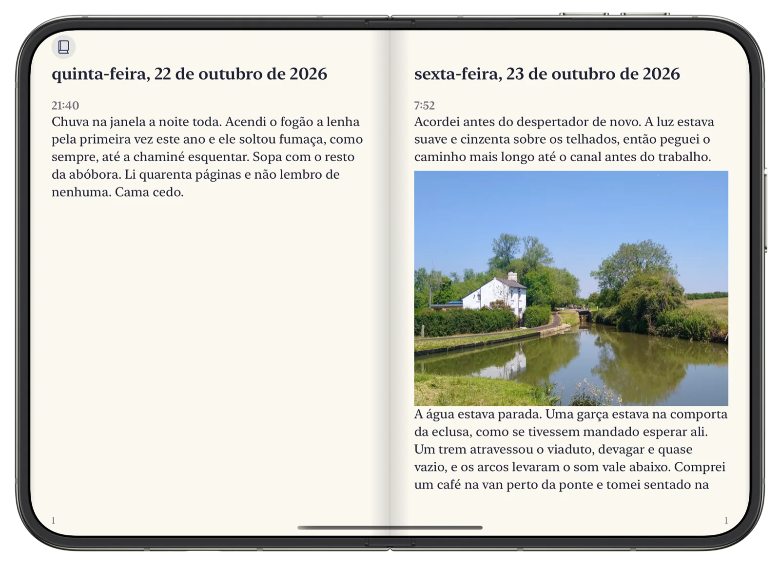 O Bifolio aberto em um iPhone Duo como um livro: quinta-feira, 22 de outubro, na página da esquerda e sexta-feira, 23 de outubro, com a fotografia do canal, na da direita.