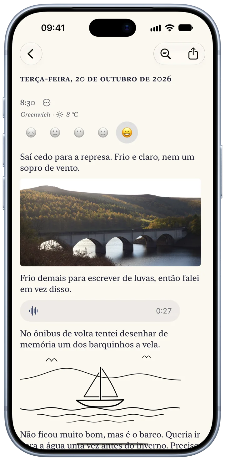 Uma entrada do Bifolio em um iPhone, de terça-feira, 20 de outubro: algumas linhas sobre a represa, a fotografia de um viaduto de pedra, uma gravação de voz de 27 segundos e o desenho de um pequeno barco a vela.