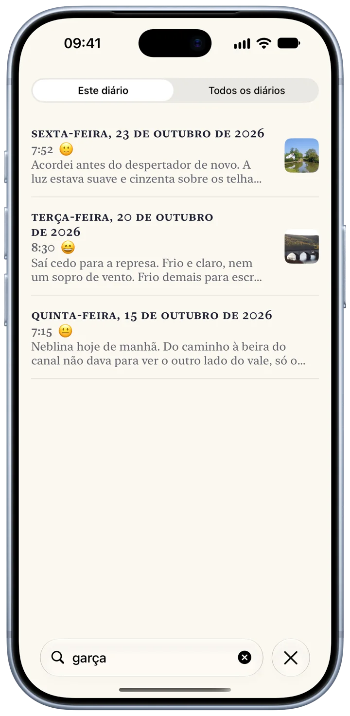 A busca do Bifolio em um iPhone: uma palavra digitada no campo de busca e, abaixo dela, entradas de três dias.