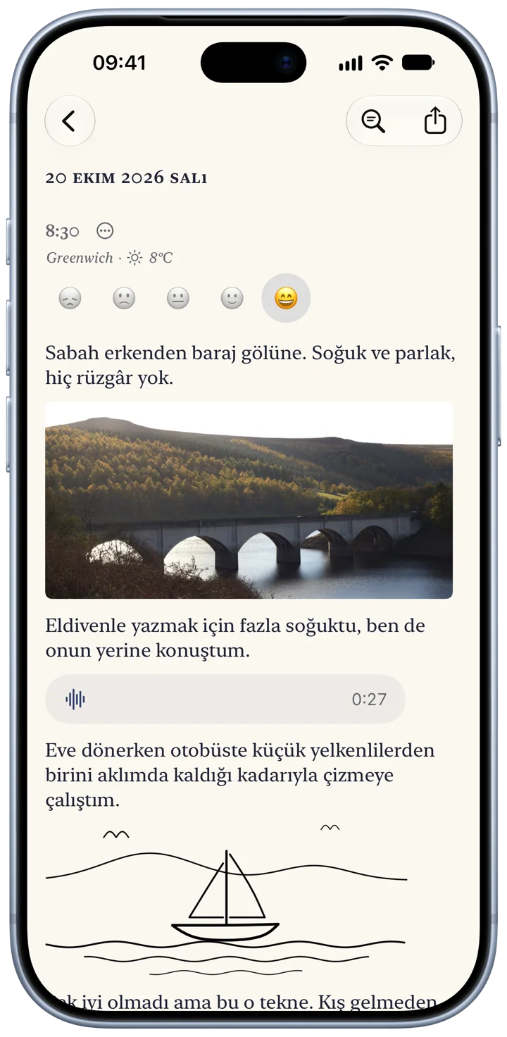 Bir iPhone’da 20 Ekim Salı tarihli bir Bifolio kaydı: baraj gölü üzerine birkaç satır, taş bir viyadüğün fotoğrafı, 27 saniyelik bir ses kaydı ve küçük bir yelkenli tekne çizimi.