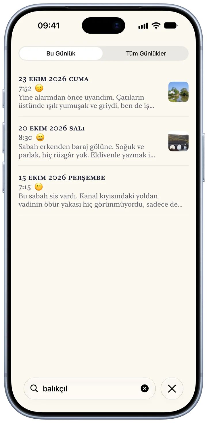 Bir iPhone’da Bifolio araması: arama alanına yazılmış bir kelime ve altında listelenen üç günün kayıtları.