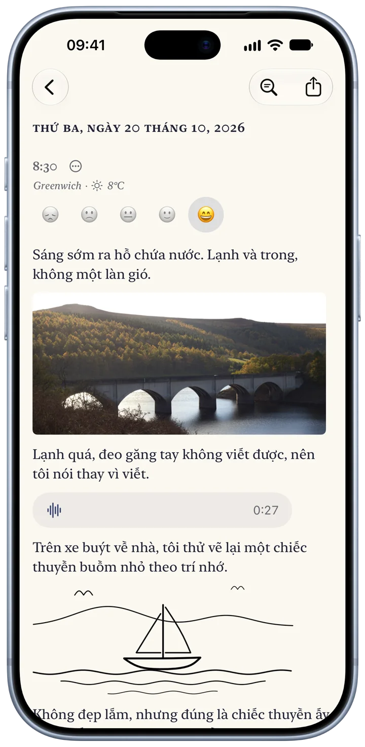 Một mục Bifolio trên iPhone cho thứ Ba, 20 tháng 10: vài dòng về hồ chứa nước, bức ảnh một cầu cạn bằng đá, bản ghi âm giọng nói dài 27 giây, và hình vẽ một chiếc thuyền buồm nhỏ.