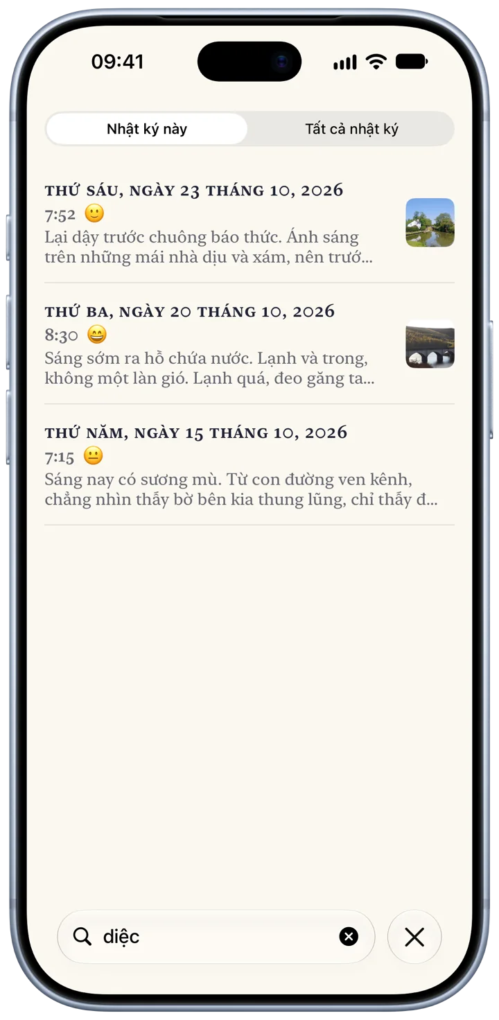 Tìm kiếm của Bifolio trên iPhone: một từ được gõ vào ô tìm kiếm, và các mục của ba ngày được liệt kê bên dưới.